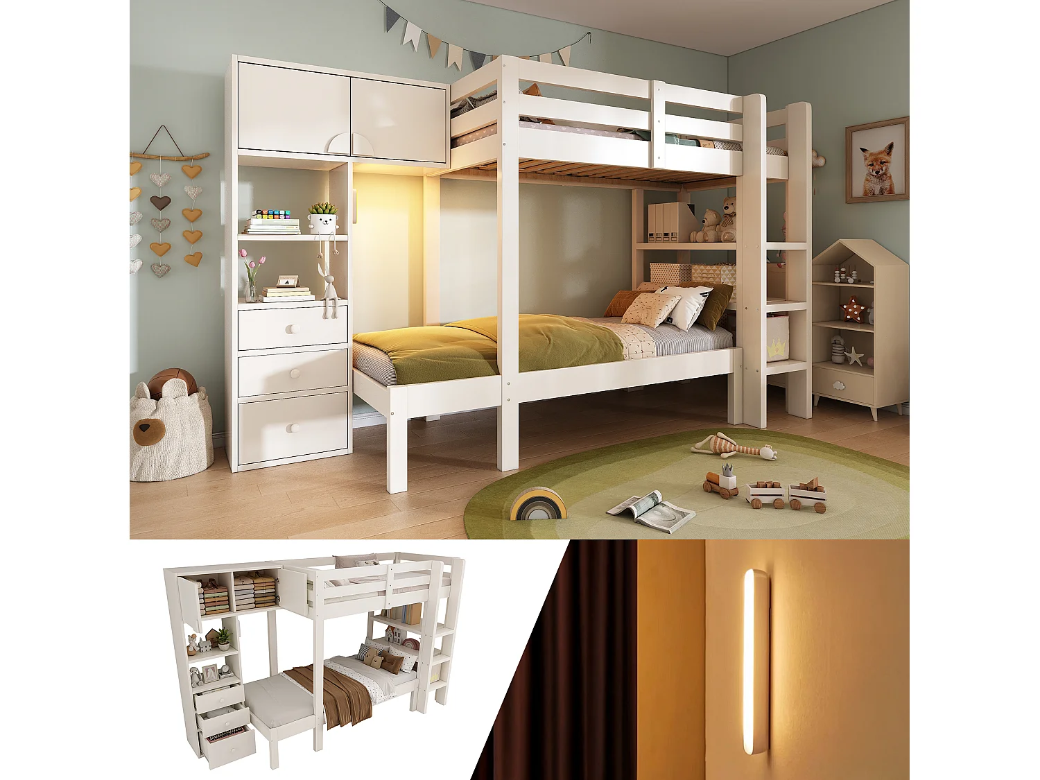 Lit superposé meuble commode & étagères, forme traîneau, sommier inclus, haut 90×200 + bas 140×200, blanc