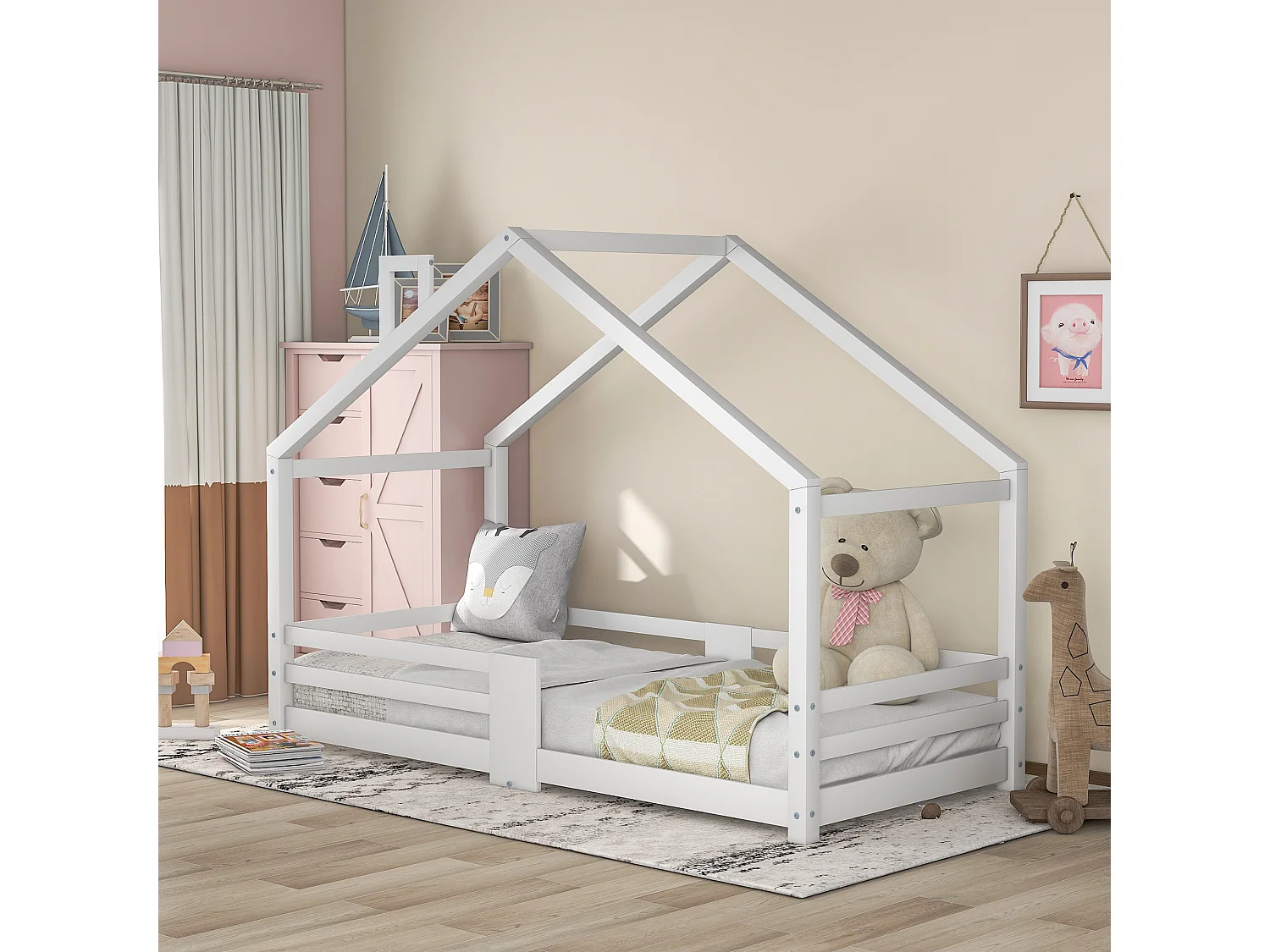 Lit maison Kinderbett avec cheminée, garde-corps, lattes robustes, bois de pin, 90x200 cm, Blanc, sans matelas