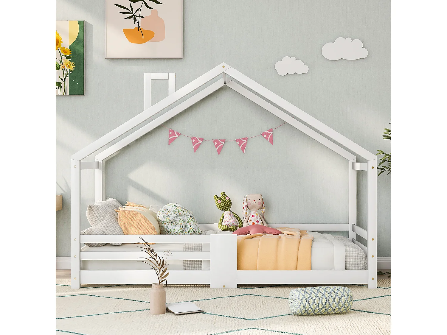 Lit maison Kinderbett avec cheminée, garde-corps, lattes robustes, bois de pin, 90x200 cm, Blanc, sans matelas