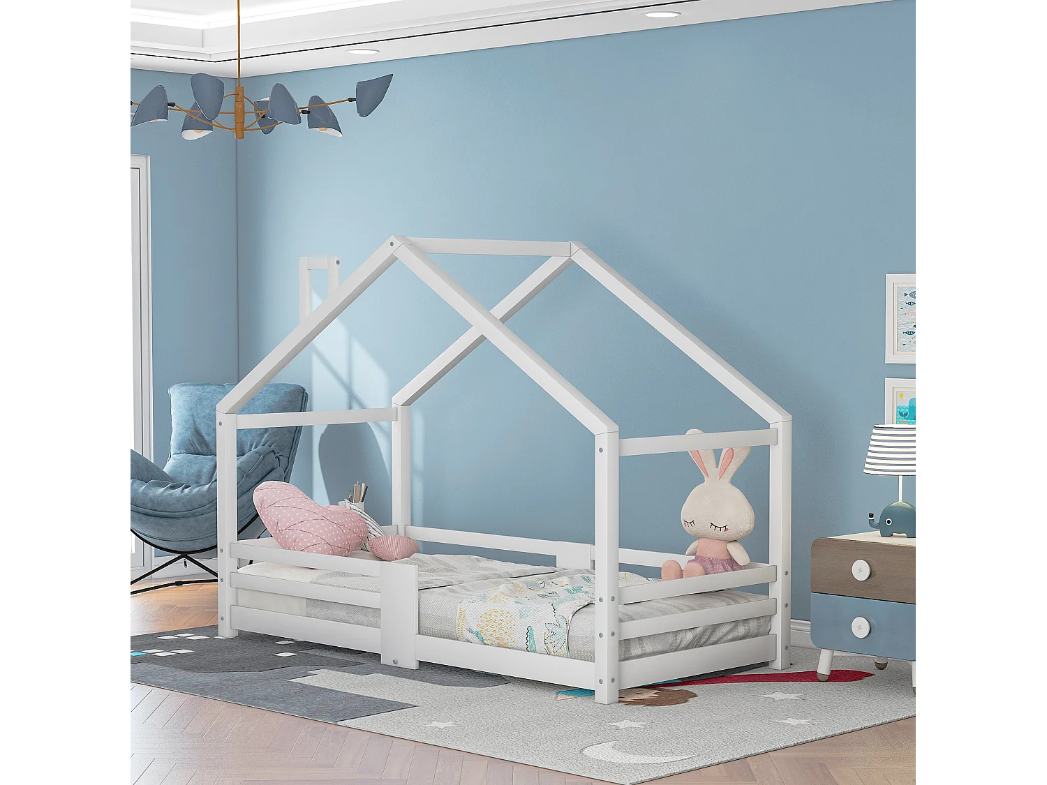 Lit maison Kinderbett avec cheminée, garde-corps, lattes robustes, bois de pin, 90x200 cm, Blanc, sans matelas