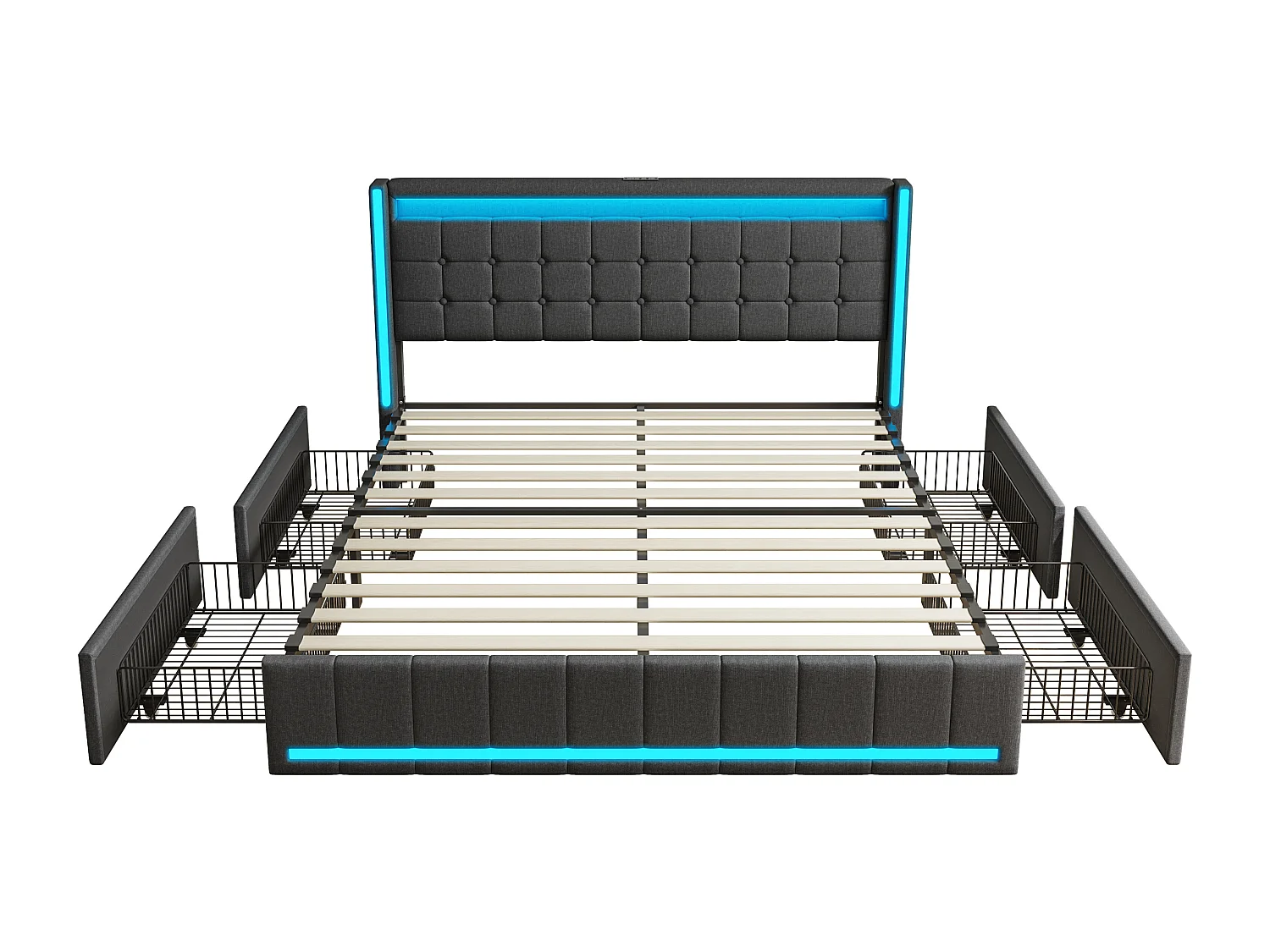 Lit Adulte 140×200cm en Tissu Gris - Avec Éclairage RGB + Ports USB/Type-C + 4 Tiroirs de Rangement - Sommier à Lattes - Gris