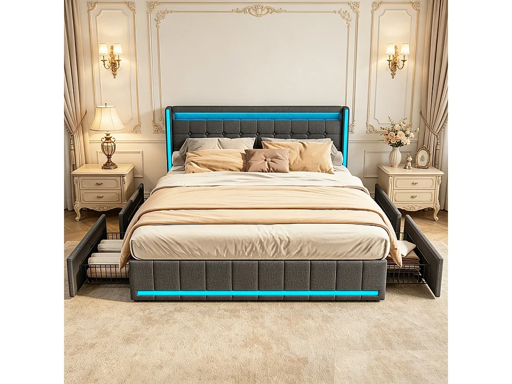 Modernes Leinen-Aufbewahrungsbett mit LED-Beleuchtung und USB-Anschlüssen - Grau 140 x 200 cm