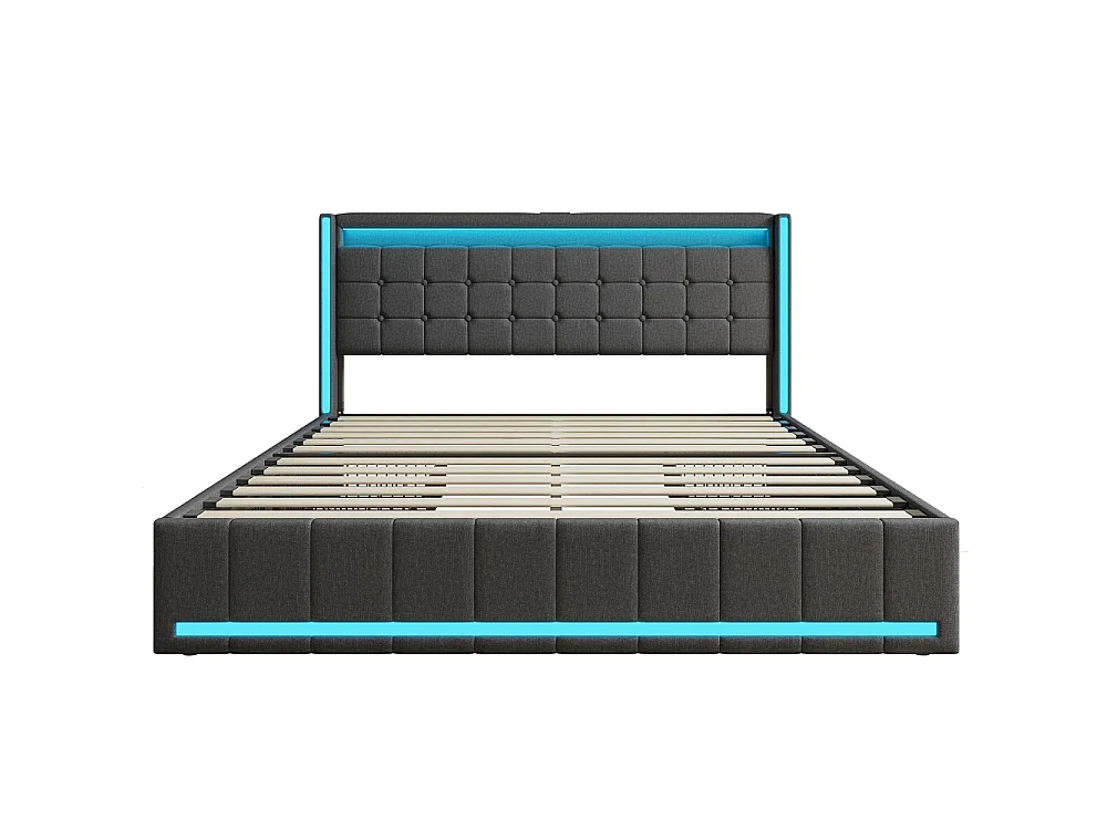 Modernes Leinen-Aufbewahrungsbett mit LED-Beleuchtung und USB-Anschlüssen - Grau 140 x 200 cm