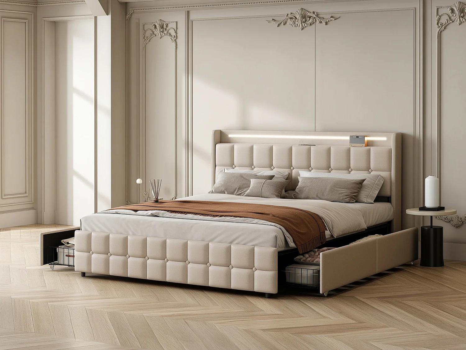 Beige Vadderad Linnesäng 140x200 cm med LED-belysning, USB-portar och 4 lådor
