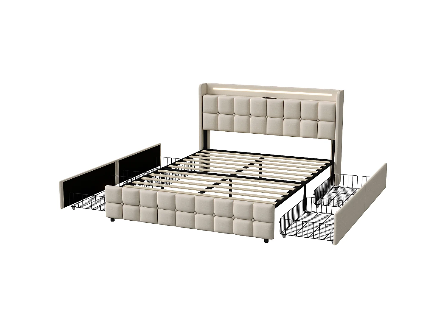 Beige Vadderad Linnesäng 140x200 cm med LED-belysning, USB-portar och 4 lådor