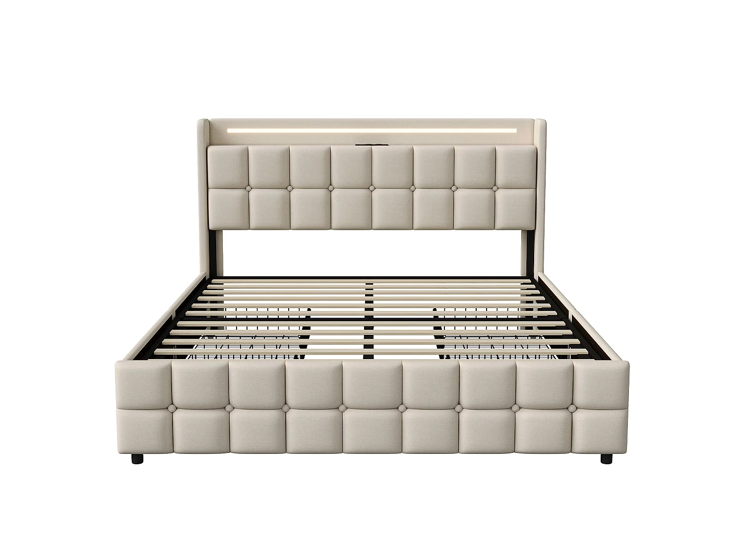 Beige Vadderad Linnesäng 140x200 cm med LED-belysning, USB-portar och 4 lådor