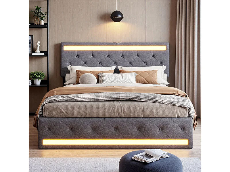 Lit 140x190 avec Rangements Multiples, 4 Grands Tiroirs, LED RGB Intelligent, Tissu Lin Naturel, Roulettes, Design Moderne Gris Foncé