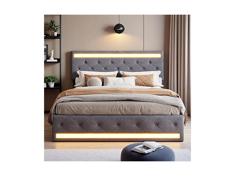 Lit 140x190 avec Rangements Multiples, 4 Grands Tiroirs, LED RGB Intelligent, Tissu Lin Naturel, Roulettes, Design Moderne Gris Foncé