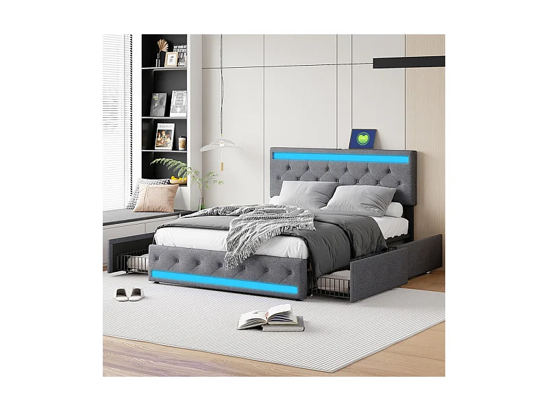 Lit 140x190 avec Rangements Multiples, 4 Grands Tiroirs, LED RGB Intelligent, Tissu Lin Naturel, Roulettes, Design Moderne Gris Foncé