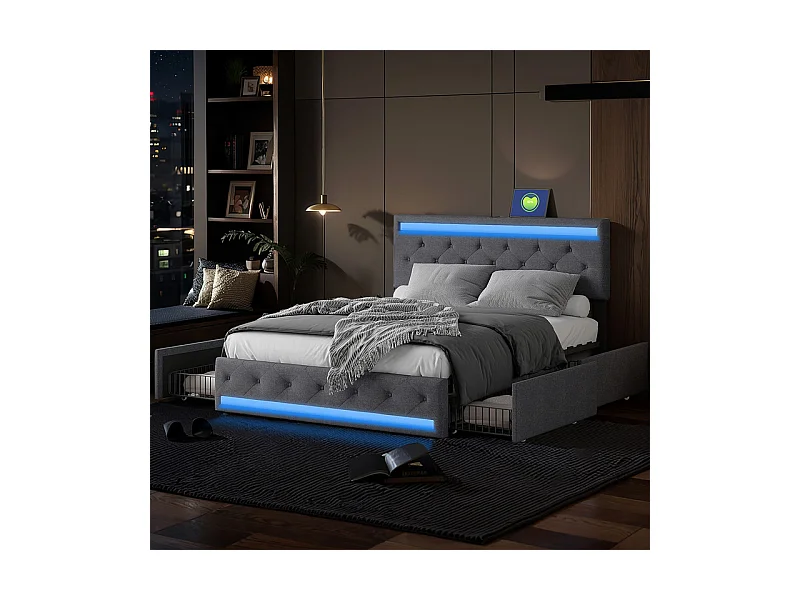 Lit 140x190 avec Rangements Multiples, 4 Grands Tiroirs, LED RGB Intelligent, Tissu Lin Naturel, Roulettes, Design Moderne Gris Foncé