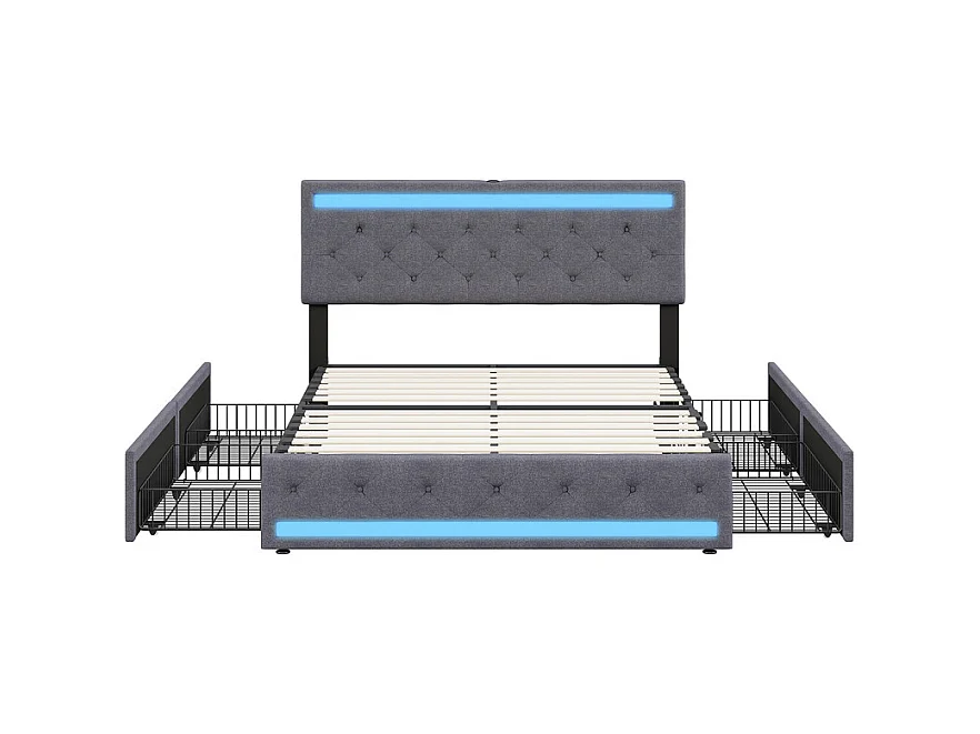 Lit 140x190 avec Rangements Multiples, 4 Grands Tiroirs, LED RGB Intelligent, Tissu Lin Naturel, Roulettes, Design Moderne Gris Foncé