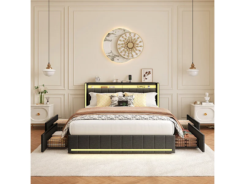 Lit Double 140x190 cm Gris Anthracite avec Tiroirs, Lit avec Rangement et LED RGB, Tissu Lin, Lit Moderne Design et Gain de Place