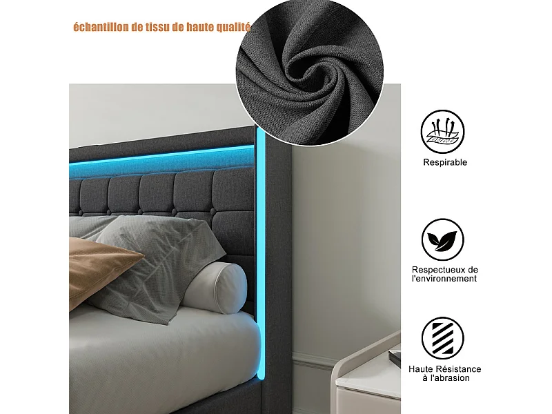 Lit Double 140x190 cm Gris Anthracite avec Tiroirs, Lit avec Rangement et LED RGB, Tissu Lin, Lit Moderne Design et Gain de Place