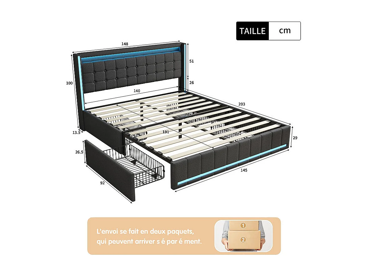 Lit Double 140x190 cm Gris Anthracite avec Tiroirs, Lit avec Rangement et LED RGB, Tissu Lin, Lit Moderne Design et Gain de Place