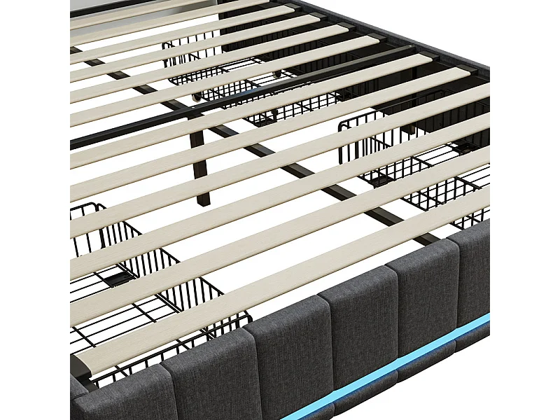 Lit Double 140x190 cm Gris Anthracite avec Tiroirs, Lit avec Rangement et LED RGB, Tissu Lin, Lit Moderne Design et Gain de Place