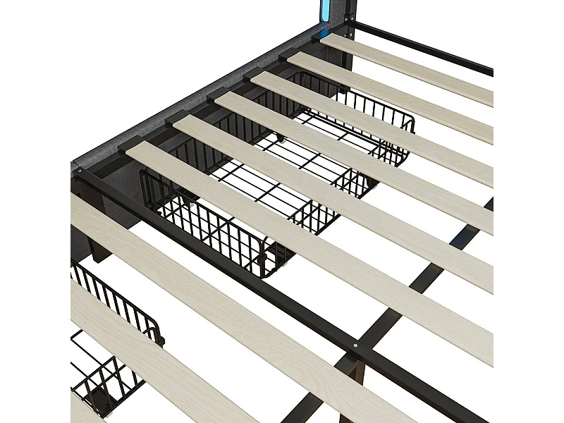 Lit Double 140x190 cm Gris Anthracite avec Tiroirs, Lit avec Rangement et LED RGB, Tissu Lin, Lit Moderne Design et Gain de Place