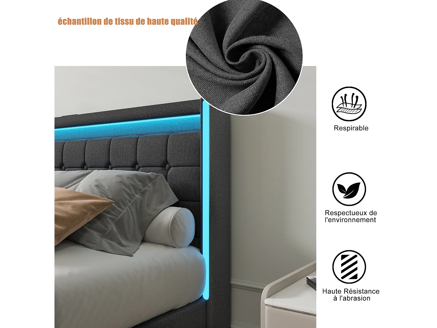 Łóżko podwójne 140x190 cm szare z 4 szufladami, oświetlenie LED RGB, zagłówek USB, nowoczesny design lniany