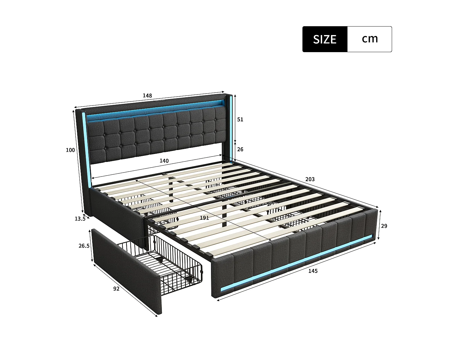 Łóżko podwójne 140x190 cm szare z 4 szufladami, oświetlenie LED RGB, zagłówek USB, nowoczesny design lniany