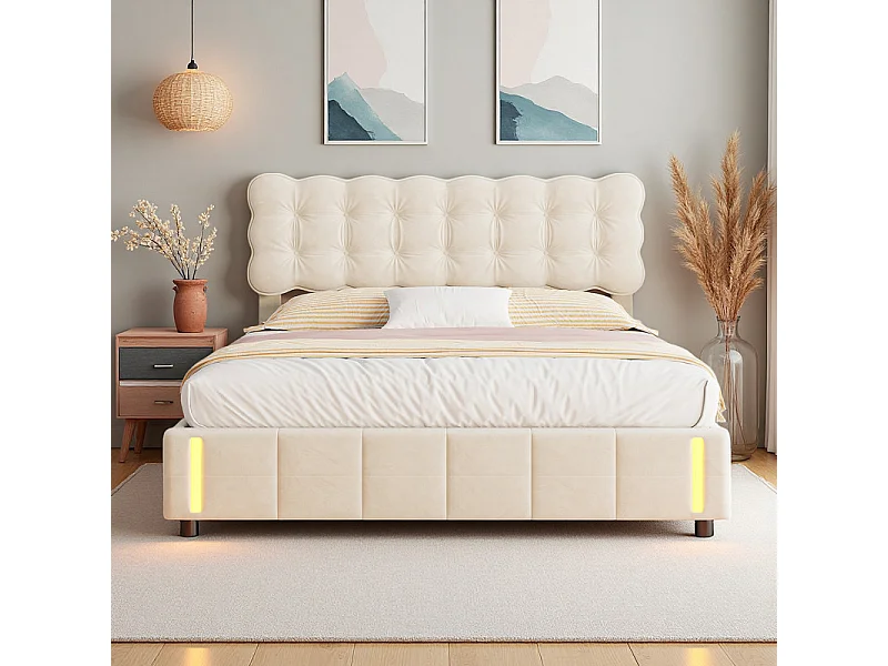 Łóżko Podwójne 140x200cm z Hydraulicznym Pojemnikiem, Beżowym Welurowym Zagłówkiem i Automatycznym Oświetleniem Indukcyjnym – Wbudowany Schowek, Nowoczesny Design