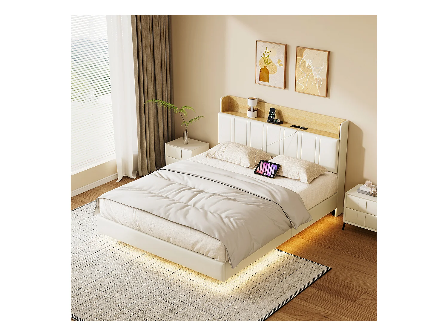 Lit Double Flottant 140x190 avec LED RGB - Tête de Lit Rangement, Chargeur USB/EU - Simili-Cuir Blanc - Design Moderne