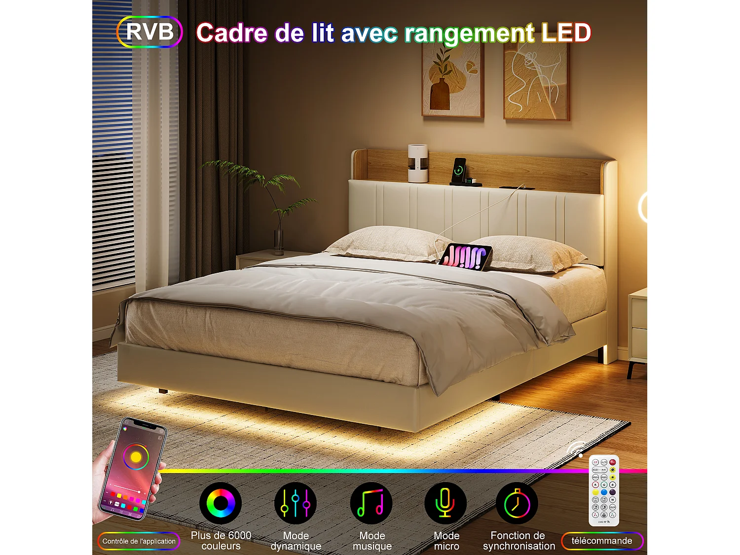 Lit Capitonné 140 x 190 cm - effet flottant avec éclairage LED décoratif, tête de lit rangement & USB, simili cuir beige