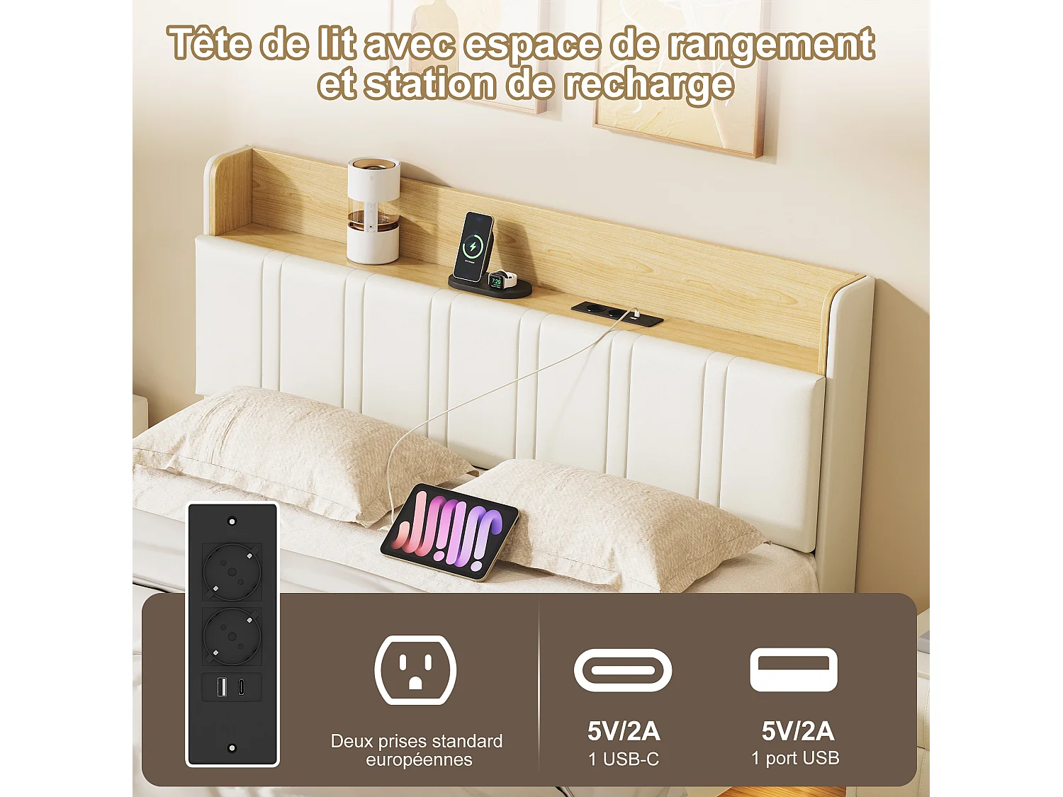 Lit Capitonné 140 x 190 cm - effet flottant avec éclairage LED décoratif, tête de lit rangement & USB, simili cuir beige