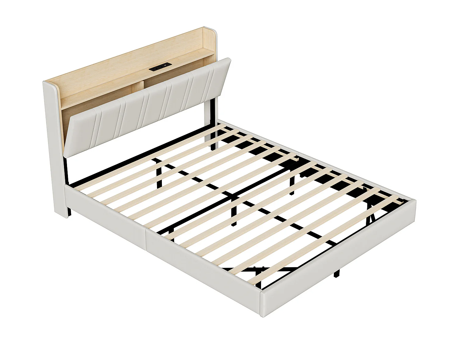 Lit Capitonné 140 x 190 cm - effet flottant avec éclairage LED décoratif, tête de lit rangement & USB, simili cuir beige