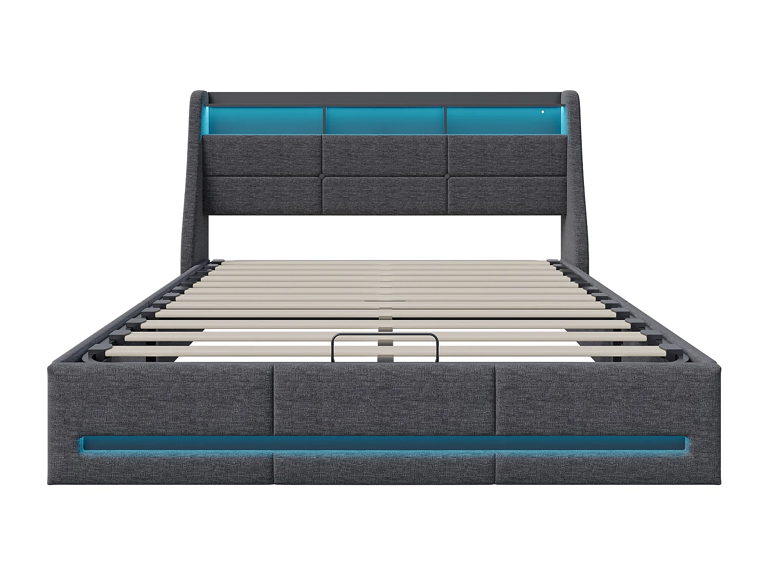 Lit Coffre Adulte 140×200cm en Tissu Gris - Avec Éclairage RGB + Ports USB/Type-C + Coffre Hydraulique - Sommier à Lattes - Gris