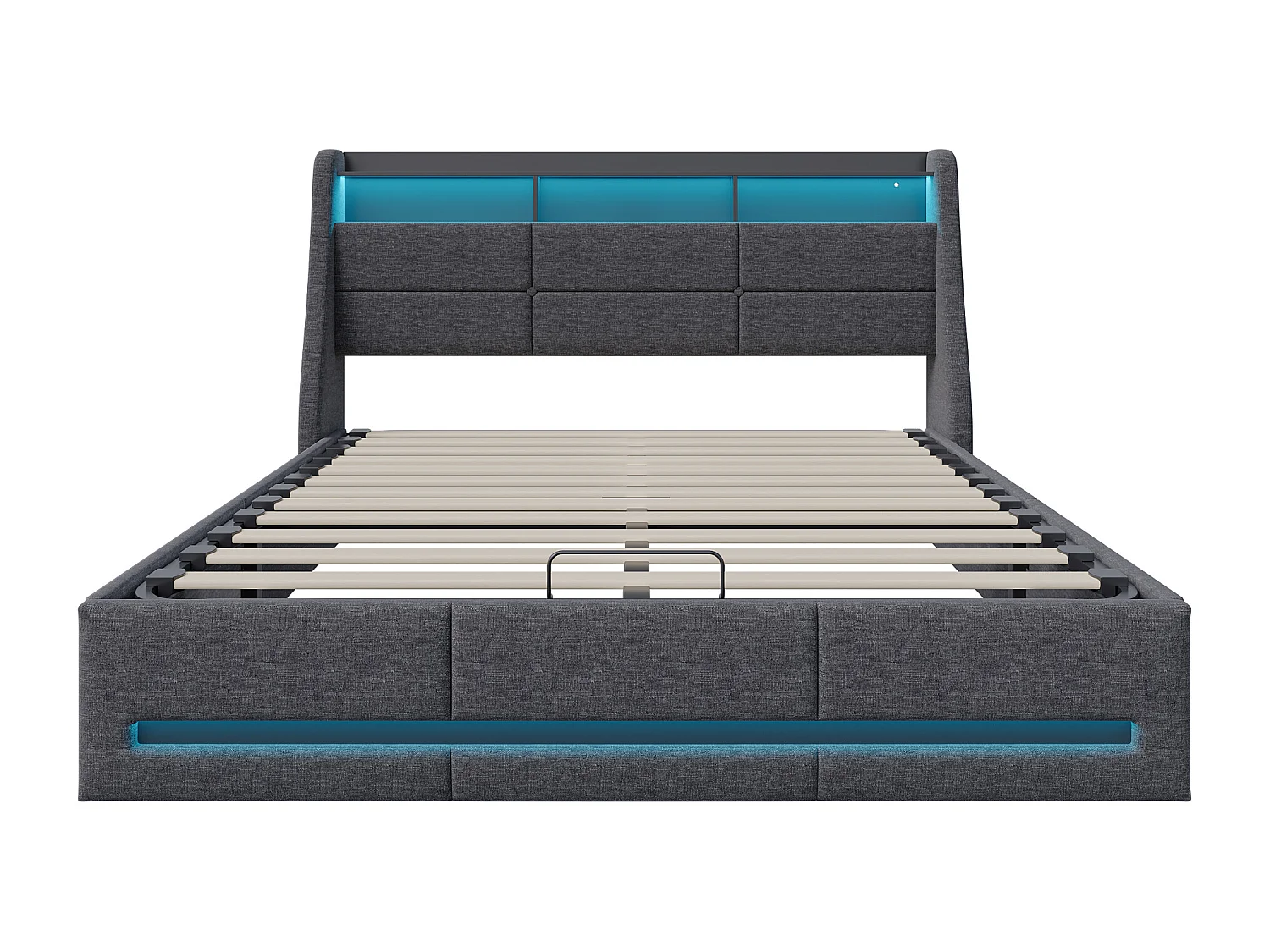 Łóżko z pojemnikiem 140x200 cm szare z wielokolorowym LED, zagłówkiem USB i wbudowanym schowkiem, stelaż z listewkami w zestawie