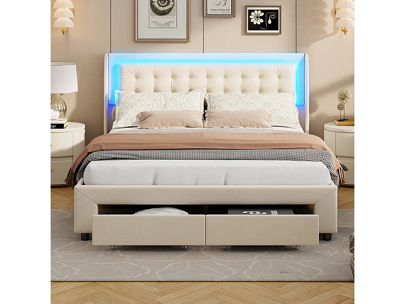 Lit Double 140x190cm avec Rangement Hydraulique, Tête de Lit Velours Blanc Cassé et Bandeau LED RGB Intégré