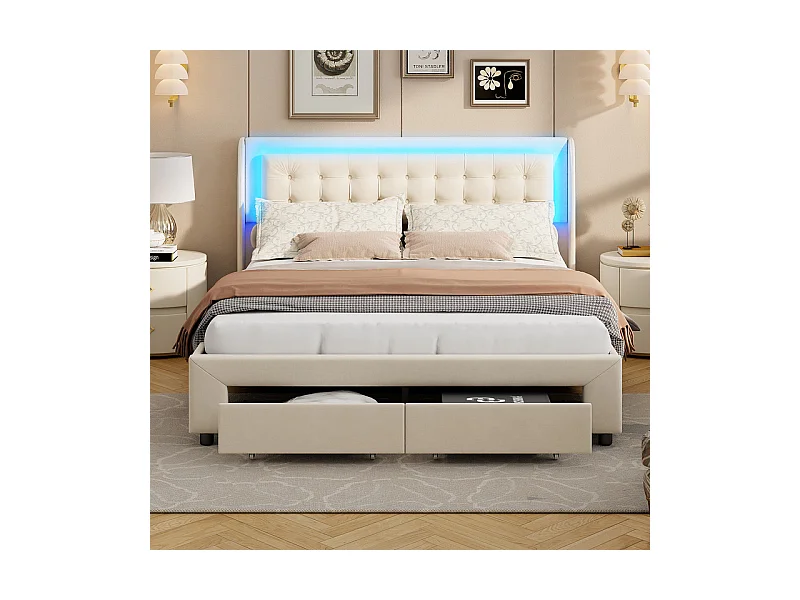 Lit Double 140x190cm avec Rangement Hydraulique, Tête de Lit Velours Blanc Cassé et Bandeau LED RGB Intégré