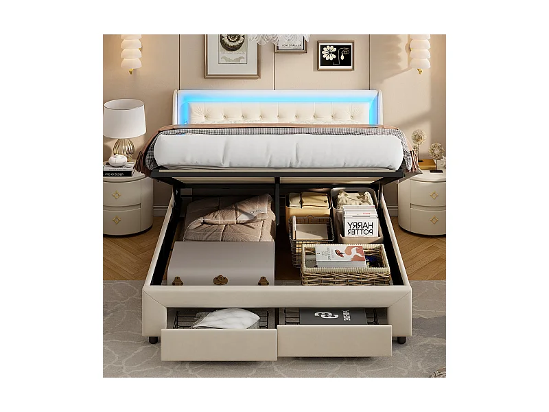 Lit Double 140x190cm avec Rangement Hydraulique, Tête de Lit Velours Blanc Cassé et Bandeau LED RGB Intégré