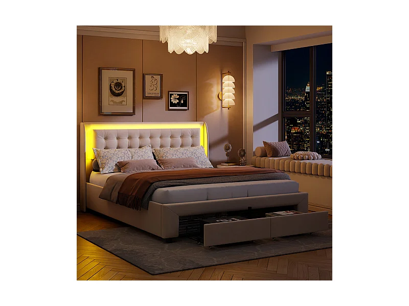 Lit Double 140x190cm avec Rangement Hydraulique, Tête de Lit Velours Blanc Cassé et Bandeau LED RGB Intégré