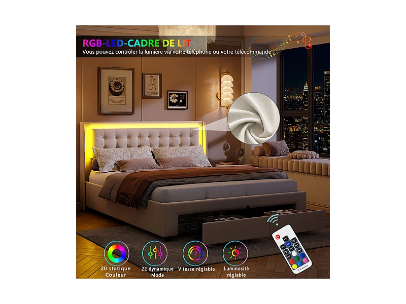 Lit Double 140x190cm avec Rangement Hydraulique, Tête de Lit Velours Blanc Cassé et Bandeau LED RGB Intégré