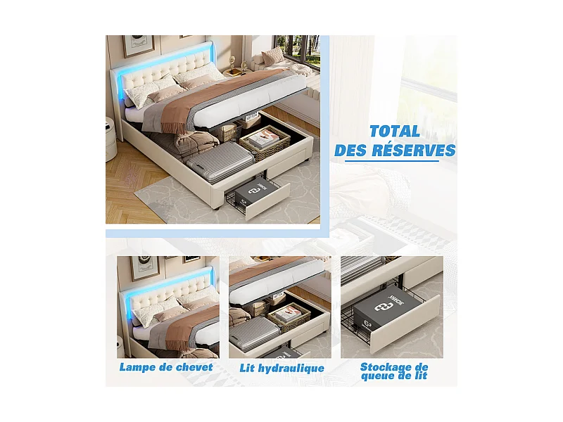 Lit Double 140x190cm avec Rangement Hydraulique, Tête de Lit Velours Blanc Cassé et Bandeau LED RGB Intégré