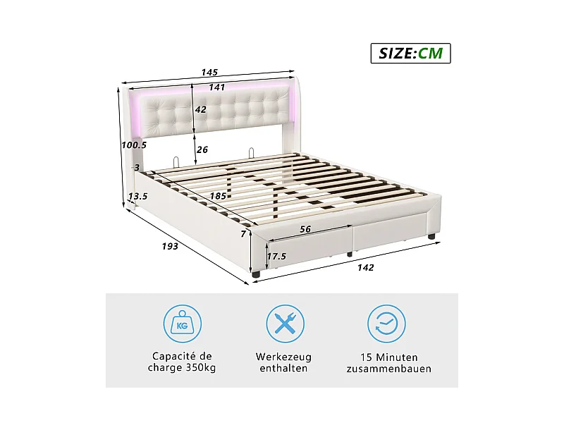 Lit Double 140x190cm avec Rangement Hydraulique, Tête de Lit Velours Blanc Cassé et Bandeau LED RGB Intégré