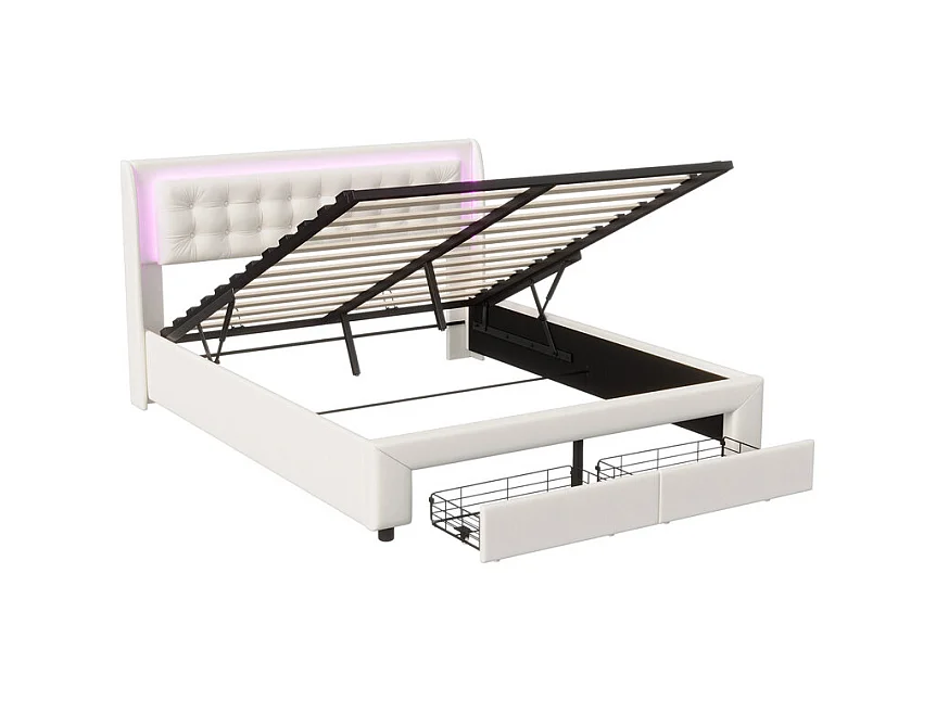 Lit Double 140x190cm avec Rangement Hydraulique, Tête de Lit Velours Blanc Cassé et Bandeau LED RGB Intégré