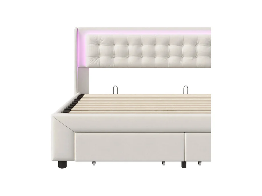 Lit Double 140x190cm avec Rangement Hydraulique, Tête de Lit Velours Blanc Cassé et Bandeau LED RGB Intégré