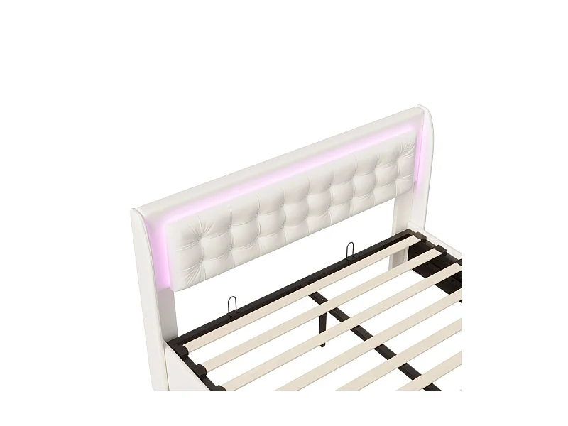 Lit Double 140x190cm avec Rangement Hydraulique, Tête de Lit Velours Blanc Cassé et Bandeau LED RGB Intégré