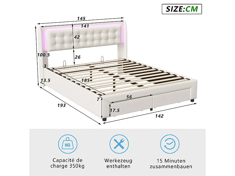 Lit Double 140x190cm avec Rangement Hydraulique, Tête de Lit Velours Blanc Cassé et Bandeau LED RGB Intégré