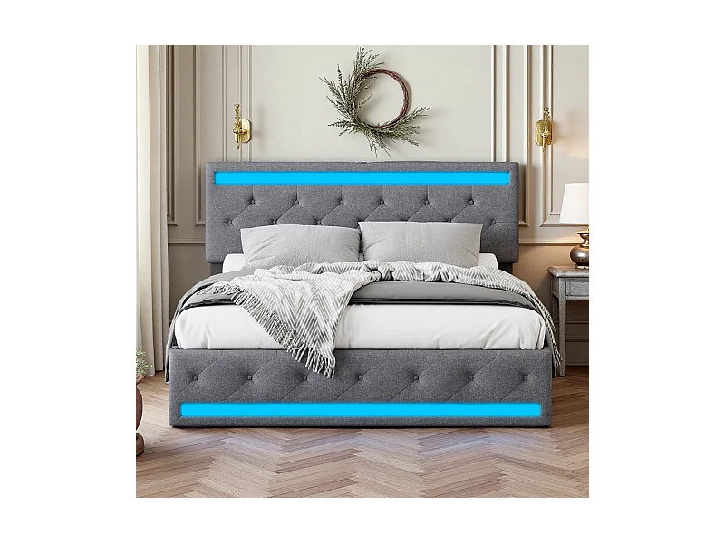 Lit Double 160x200, Lit avec Tiroirs et Rangement - Lit à Rangements Multiples et Cachés avec Éclairage LED RGB, Tissu Lin Doux, Moderne