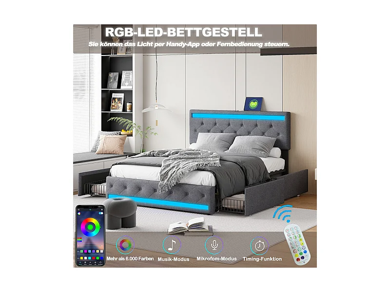 Lit Double 160x200, Lit avec Tiroirs et Rangement - Lit à Rangements Multiples et Cachés avec Éclairage LED RGB, Tissu Lin Doux, Moderne