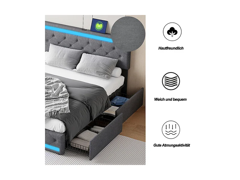 Lit Double 160x200, Lit avec Tiroirs et Rangement - Lit à Rangements Multiples et Cachés avec Éclairage LED RGB, Tissu Lin Doux, Moderne