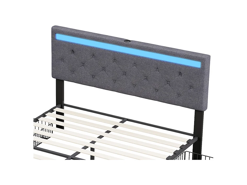 Lit Double 160x200, Lit avec Tiroirs et Rangement - Lit à Rangements Multiples et Cachés avec Éclairage LED RGB, Tissu Lin Doux, Moderne