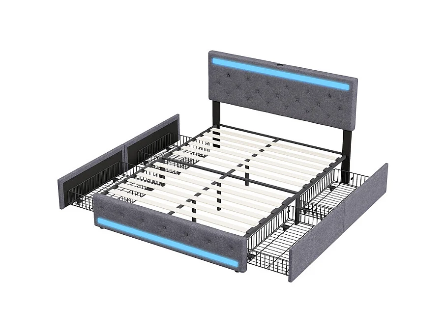 Lit Double 160x200, Lit avec Tiroirs et Rangement - Lit à Rangements Multiples et Cachés avec Éclairage LED RGB, Tissu Lin Doux, Moderne