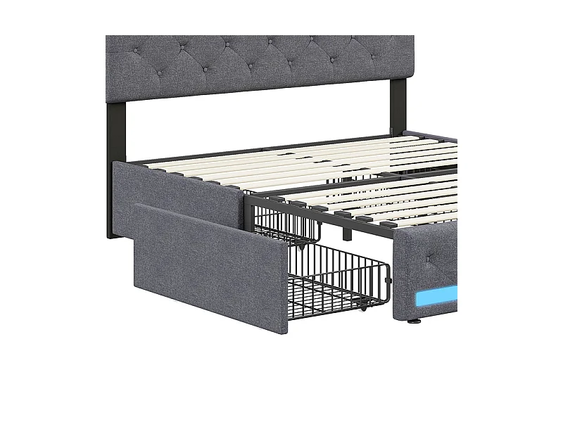 Lit Double 160x200, Lit avec Tiroirs et Rangement - Lit à Rangements Multiples et Cachés avec Éclairage LED RGB, Tissu Lin Doux, Moderne