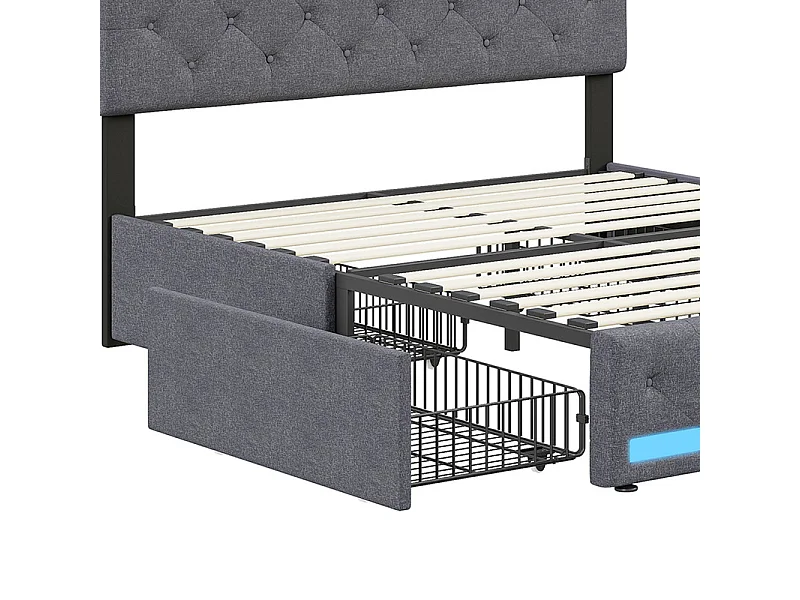 Lit Double 160x200, Lit avec Tiroirs et Rangement - Lit à Rangements Multiples et Cachés avec Éclairage LED RGB, Tissu Lin Doux, Moderne