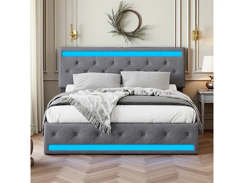 Lit Double 160x200, Lit avec Tiroirs et Rangement - Lit à Rangements Multiples et Cachés avec Éclairage LED RGB, Tissu Lin Doux, Moderne