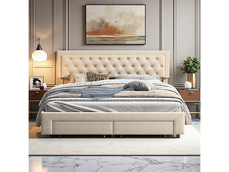 Łóżko Podwójne 160x200 z Wbudowanym Schowkiem, Beżowe Panele Zagłówka z Aksamitnego Weluru, System Hydrauliczny i Stelaż Listwowy
