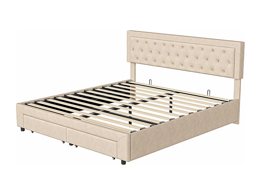 Łóżko Podwójne 160x200 z Wbudowanym Schowkiem, Beżowe Panele Zagłówka z Aksamitnego Weluru, System Hydrauliczny i Stelaż Listwowy